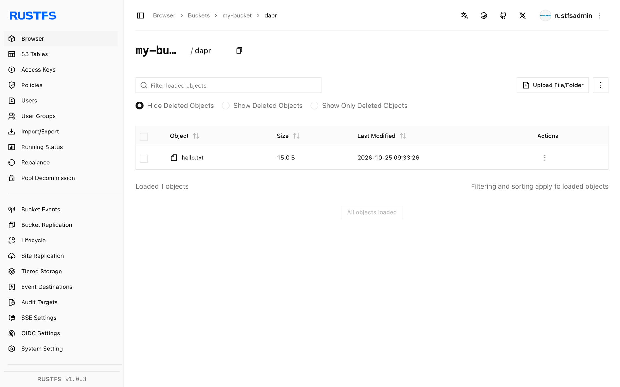 Dapr binding objects in the RustFS Console