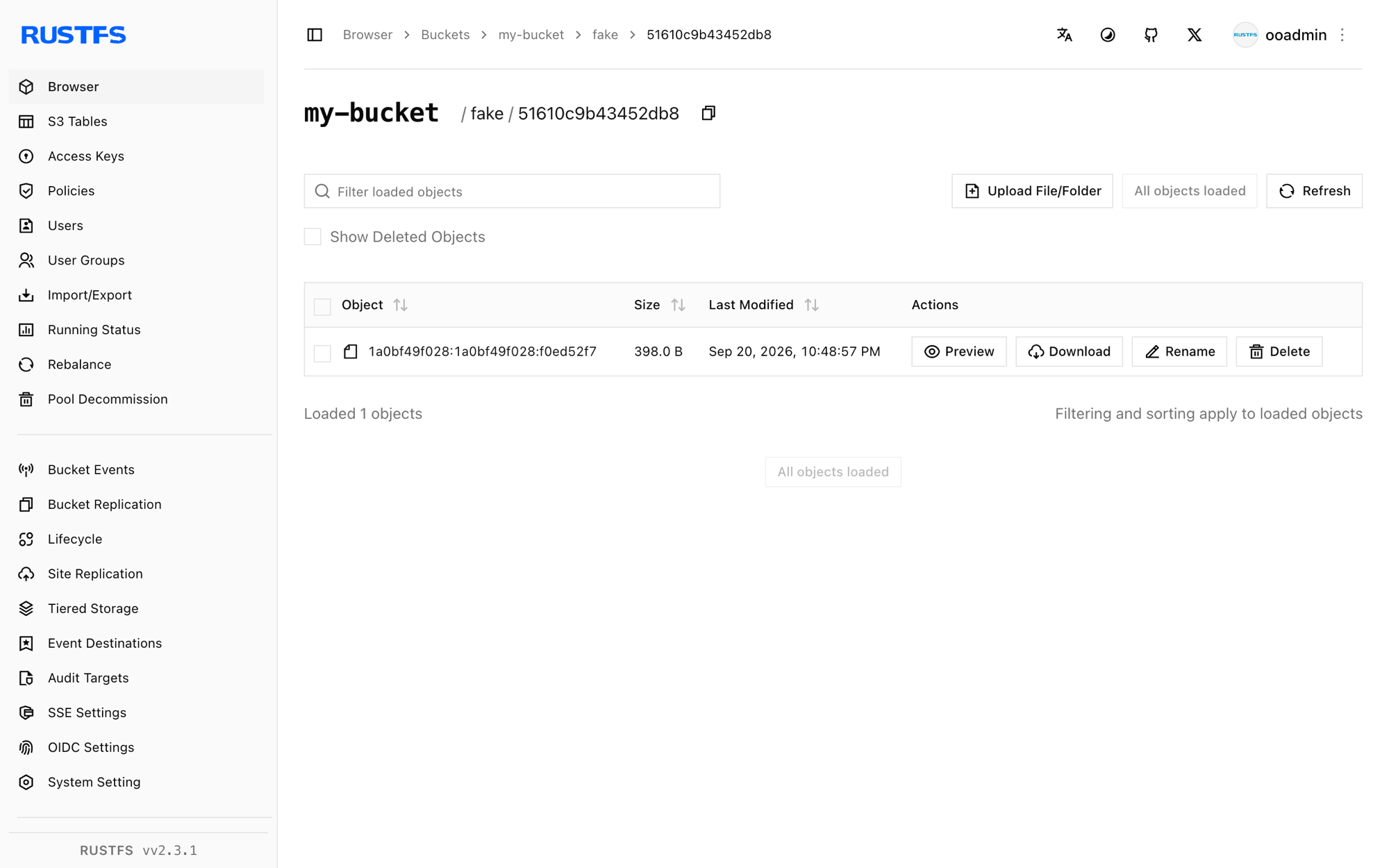 Loki log chunks stored in the RustFS Console